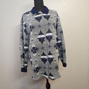 Cricket Lane Vintage 80 Collared Geometric Sweater Blue Gray Made USA Sz XL Y582